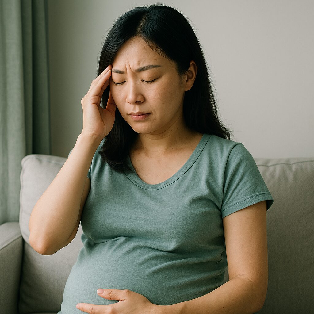 妊娠中の頭痛に悩む30代日本人女性のイメージ