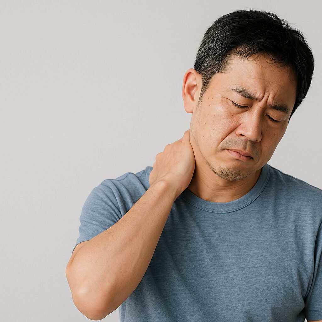 緊張型頭痛のトリガーポイントを気にする40代日本人男性のイメージ