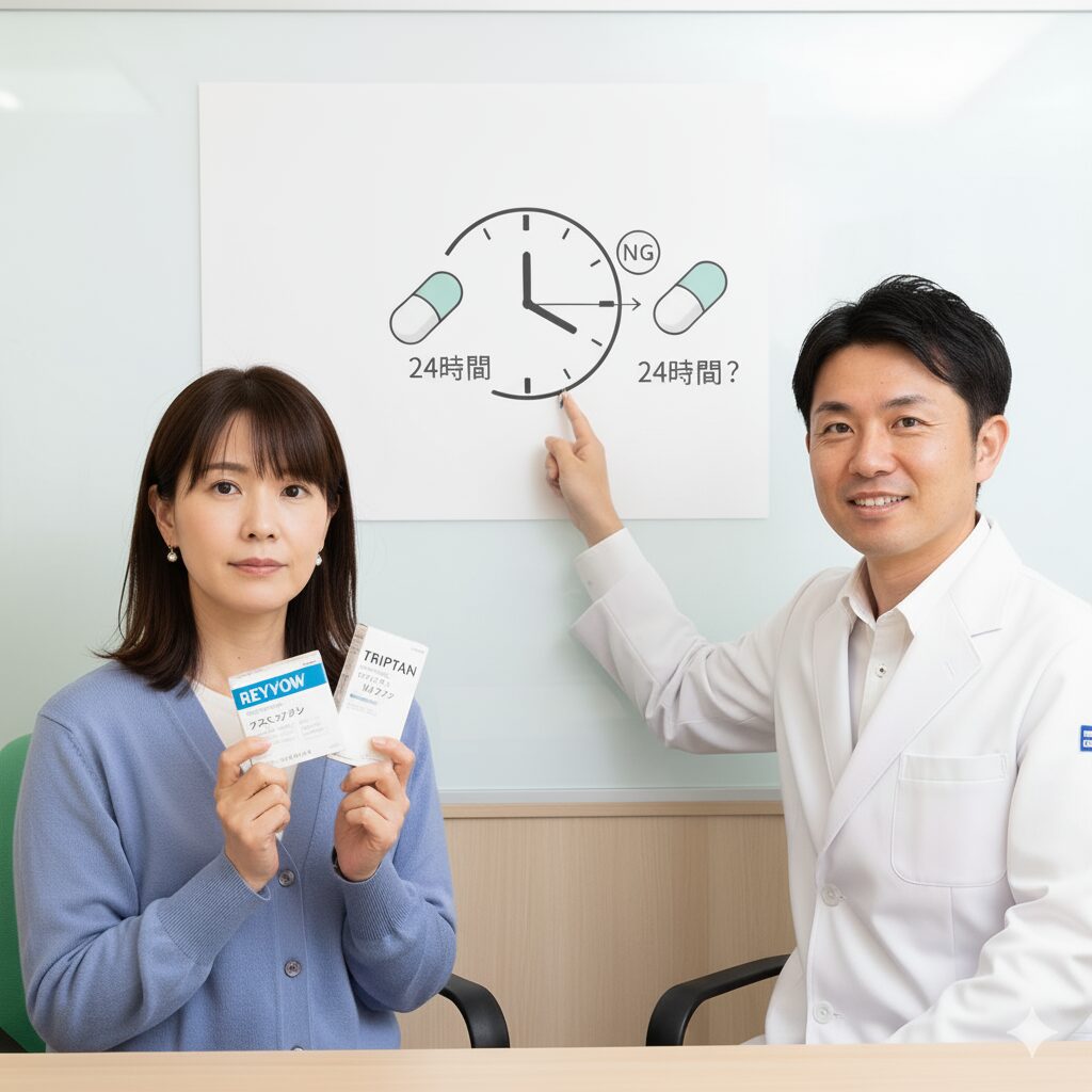 片頭痛の薬（レイボーとトリプタン）の併用ルールについて悩んでいる40代の日本人女性が、頭痛専門医（日本人男性）に相談している様子。