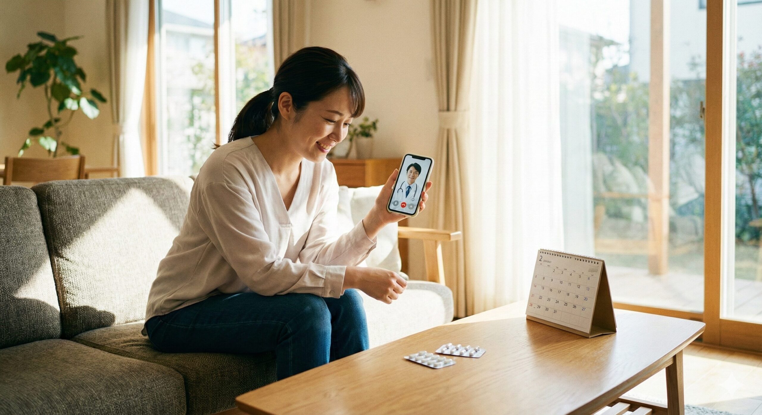 自宅からスマホでオンライン診療を受ける女性