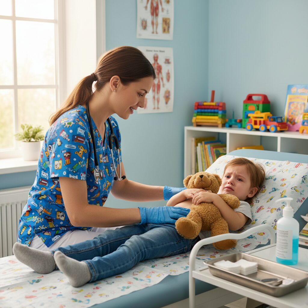 小児科医が子供の腹痛を診察している様子。子供は不安そうな表情をしている。