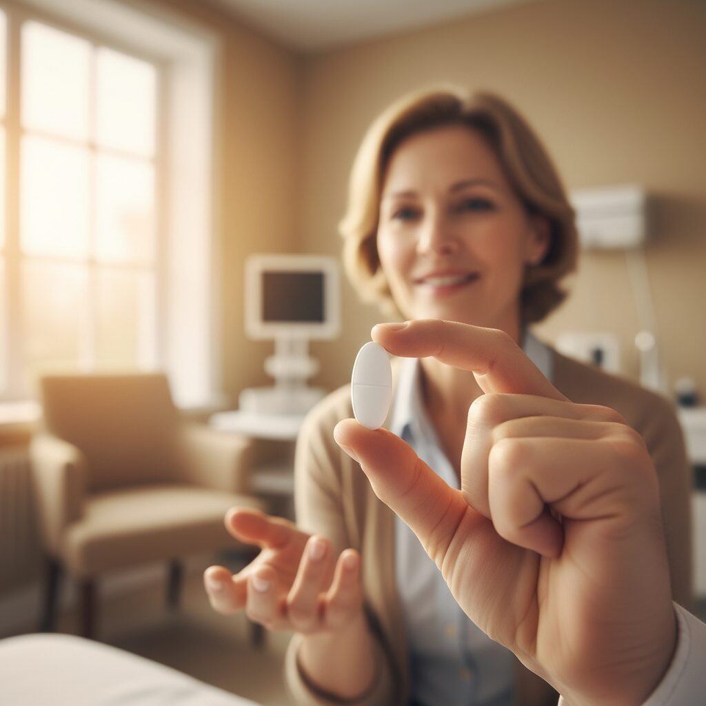 診察室で患者に薬の説明をする医師