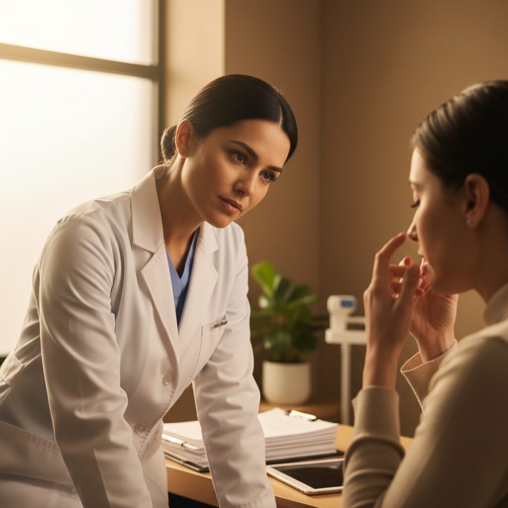 診察室で患者さんの話に耳を傾ける頭痛専門医