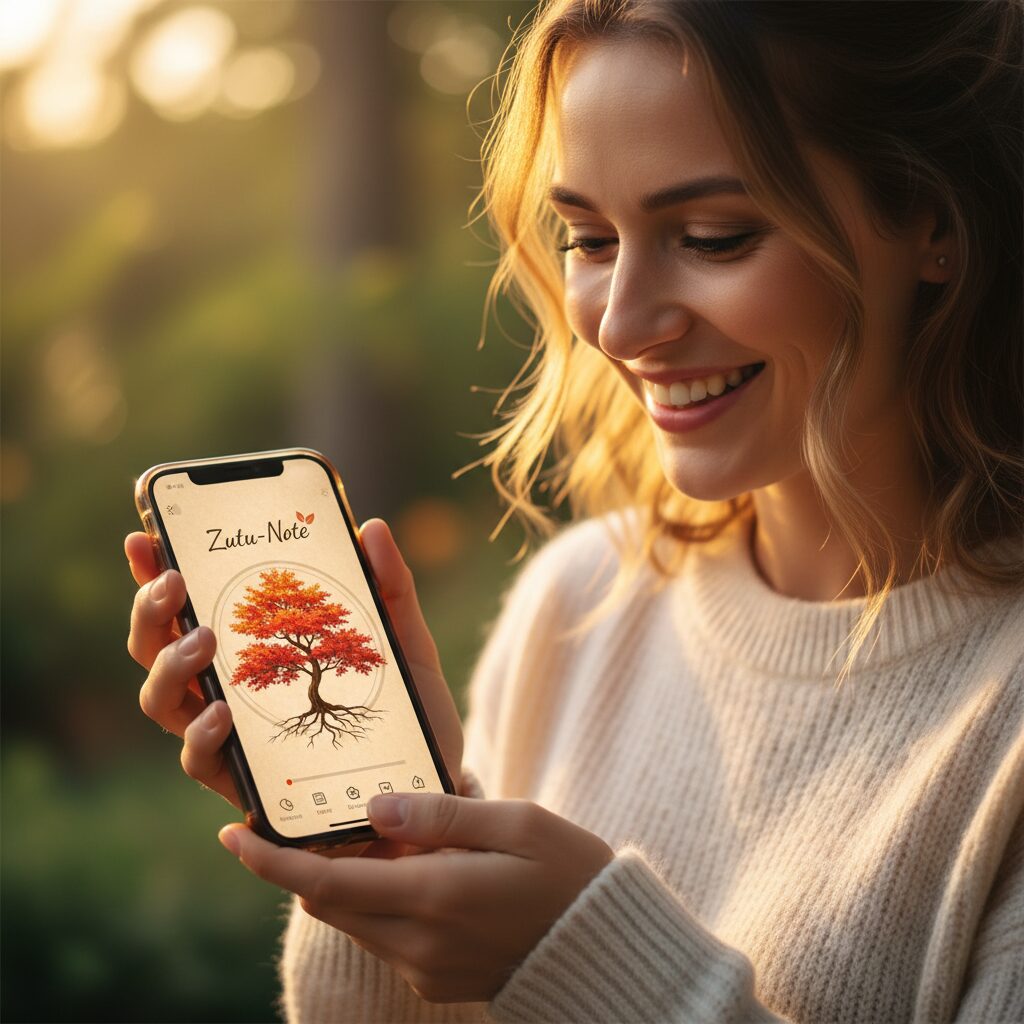 スマートフォンでズツノートのメープル育成ゲームを楽しむ女性