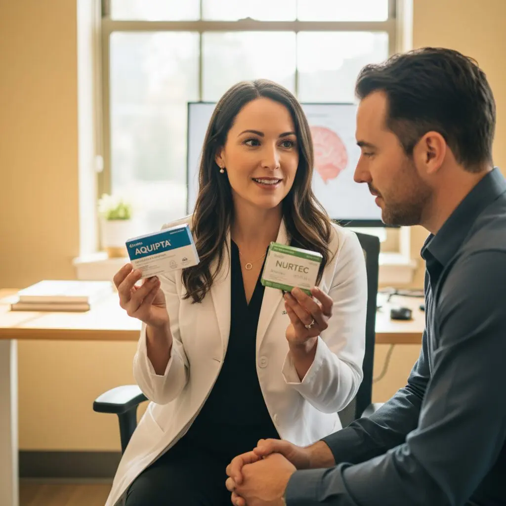 医師が患者にアクイプタとナルティークの違いについて説明している様子。穏やかな表情で、患者に寄り添う姿勢。