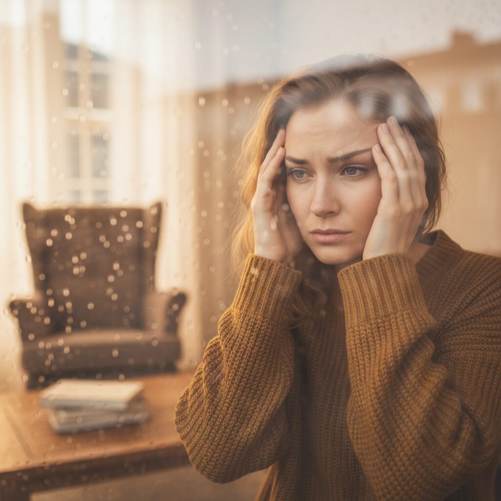 雨の日に窓の外を見ながら、こめかみを押さえて辛そうな表情をしている女性