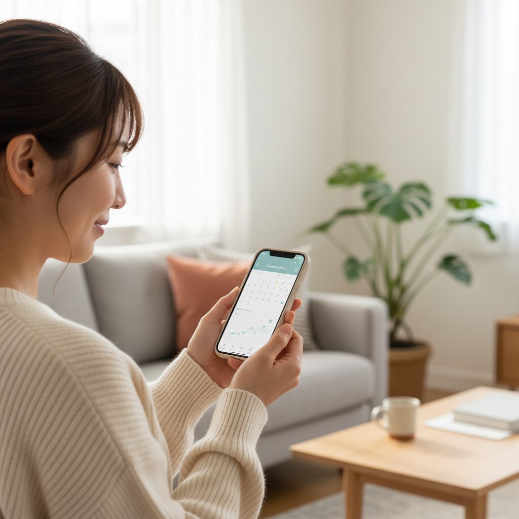 スマートフォンを手に持ち、頭痛記録アプリの画面を見ながら笑顔でうなずく30代女性。背景は明るく清潔感のあるリビングで、自然光が差し込んでいる。暖色系の落ち着いた色合い。
