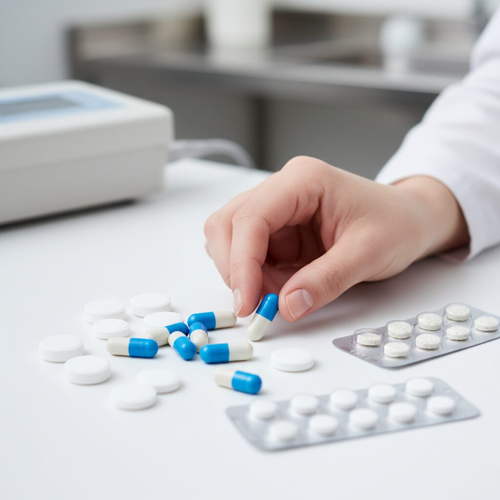 様々な種類の頭痛薬（錠剤、カプセル、OD錠）が並べられ、それらを手に取ろうとする人物の手元を写したストックフォト。背景は医療機関をイメージさせる。