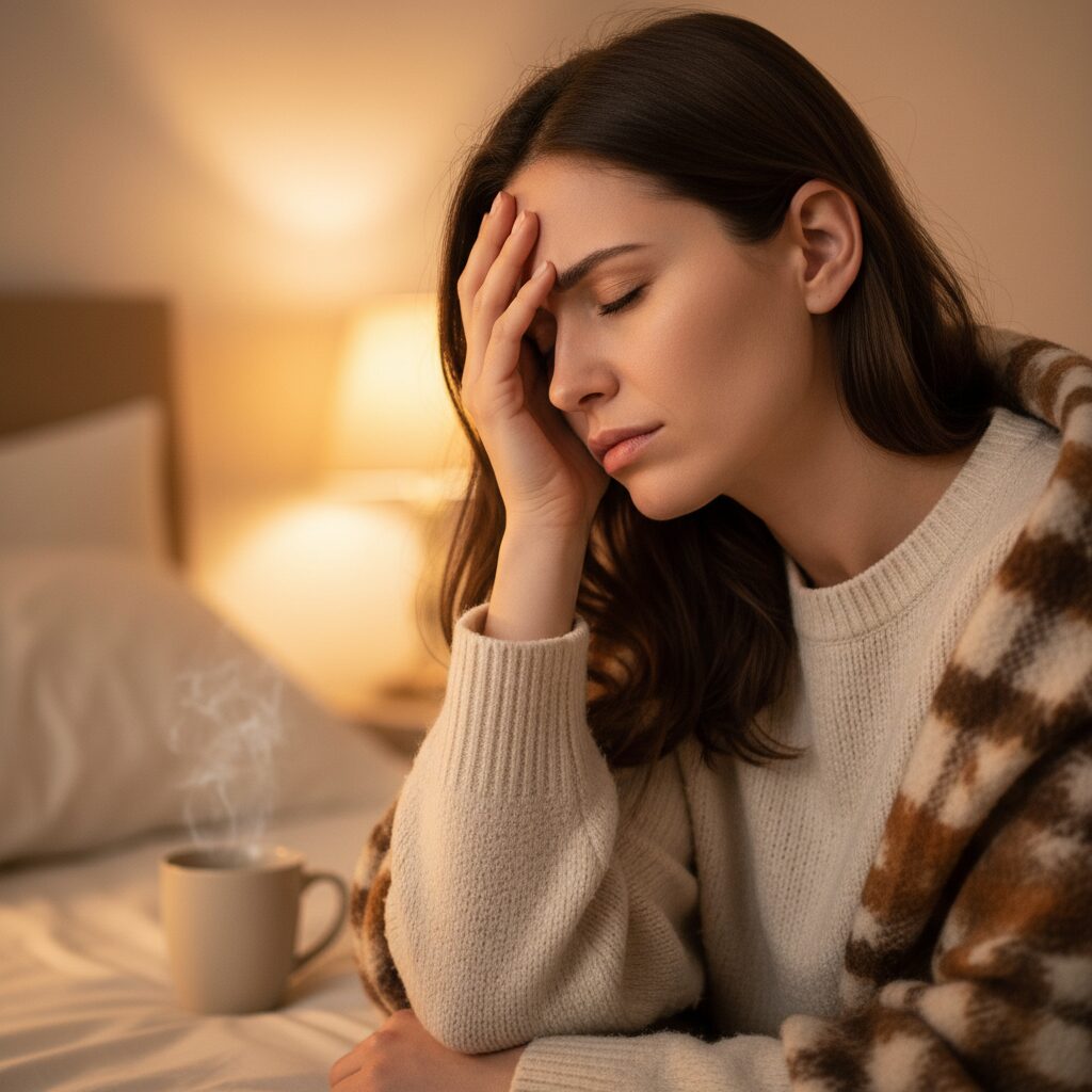 生理痛でつらそうな女性が額に手を当てている様子