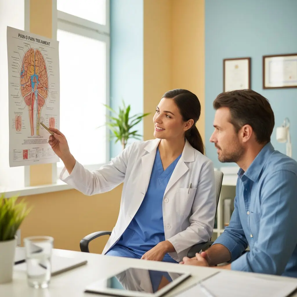 片頭痛の治療について医師と相談する患者さんのイメージ。医師は穏やかな表情で説明し、患者さんは真剣に聞いている。