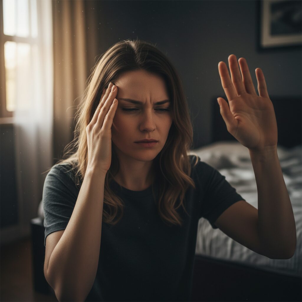 女性がこめかみを抑え、光を避けるように目を細めている様子。背景は薄暗い部屋。