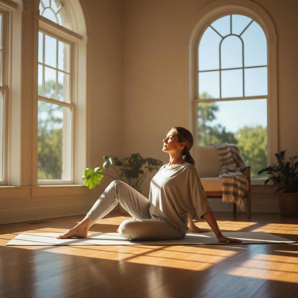 自宅でリラックスしながらセルフケアに取り組む女性