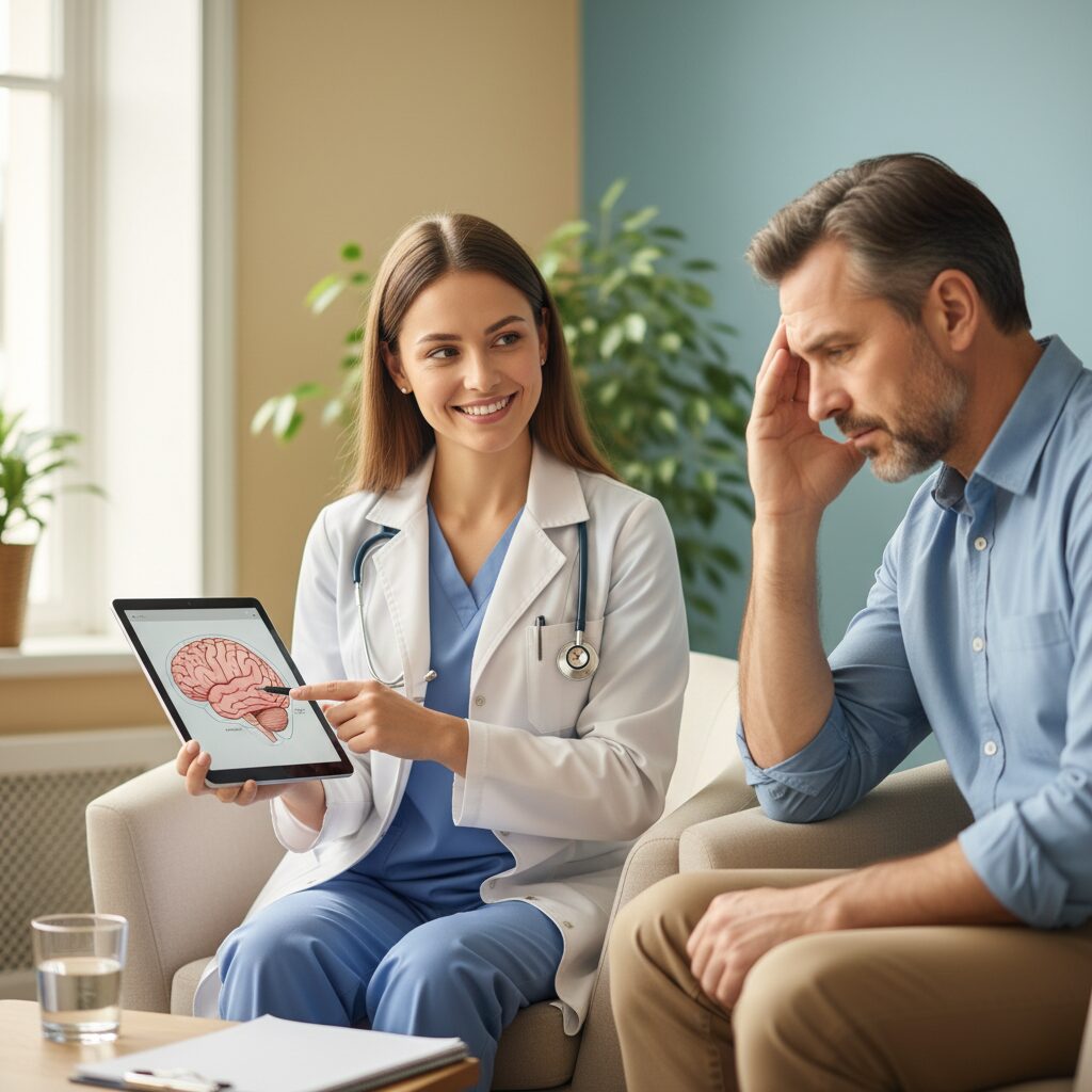 頭痛に悩む患者に寄り添い、励ます医師