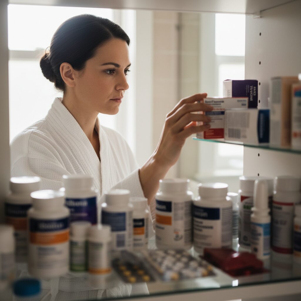 市販の頭痛薬を選ぶ女性。薬箱の前で真剣な表情。