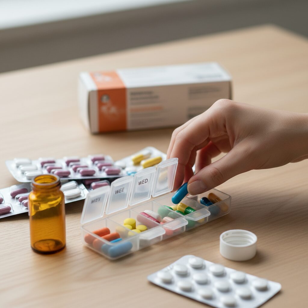 薬を整理している女性の手元。背景には薬箱。