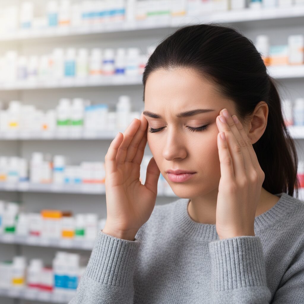 頭痛に悩む女性がこめかみを押さえている様子。背景は薬局の棚。